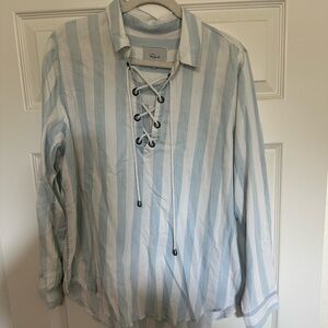 Rails tencel block stripe lace up blouse size L
